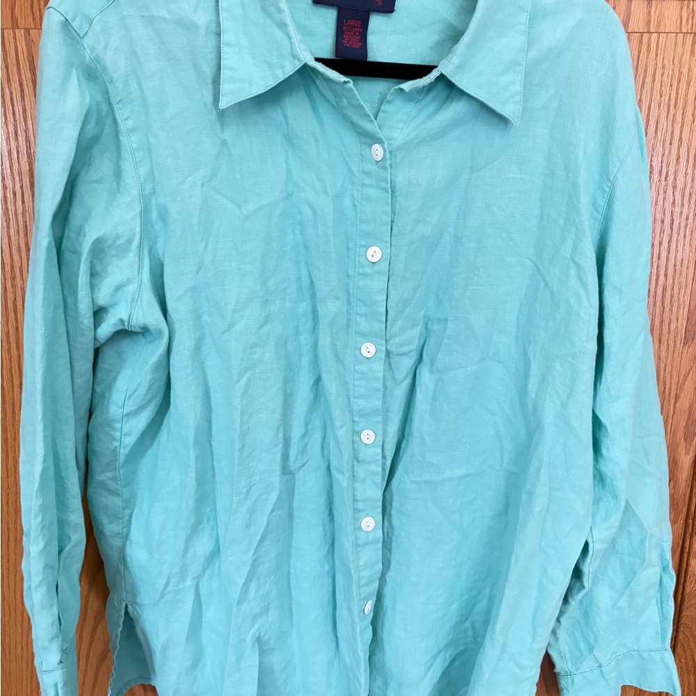 Denim & Co. Light green Linen Button-Up Shirt